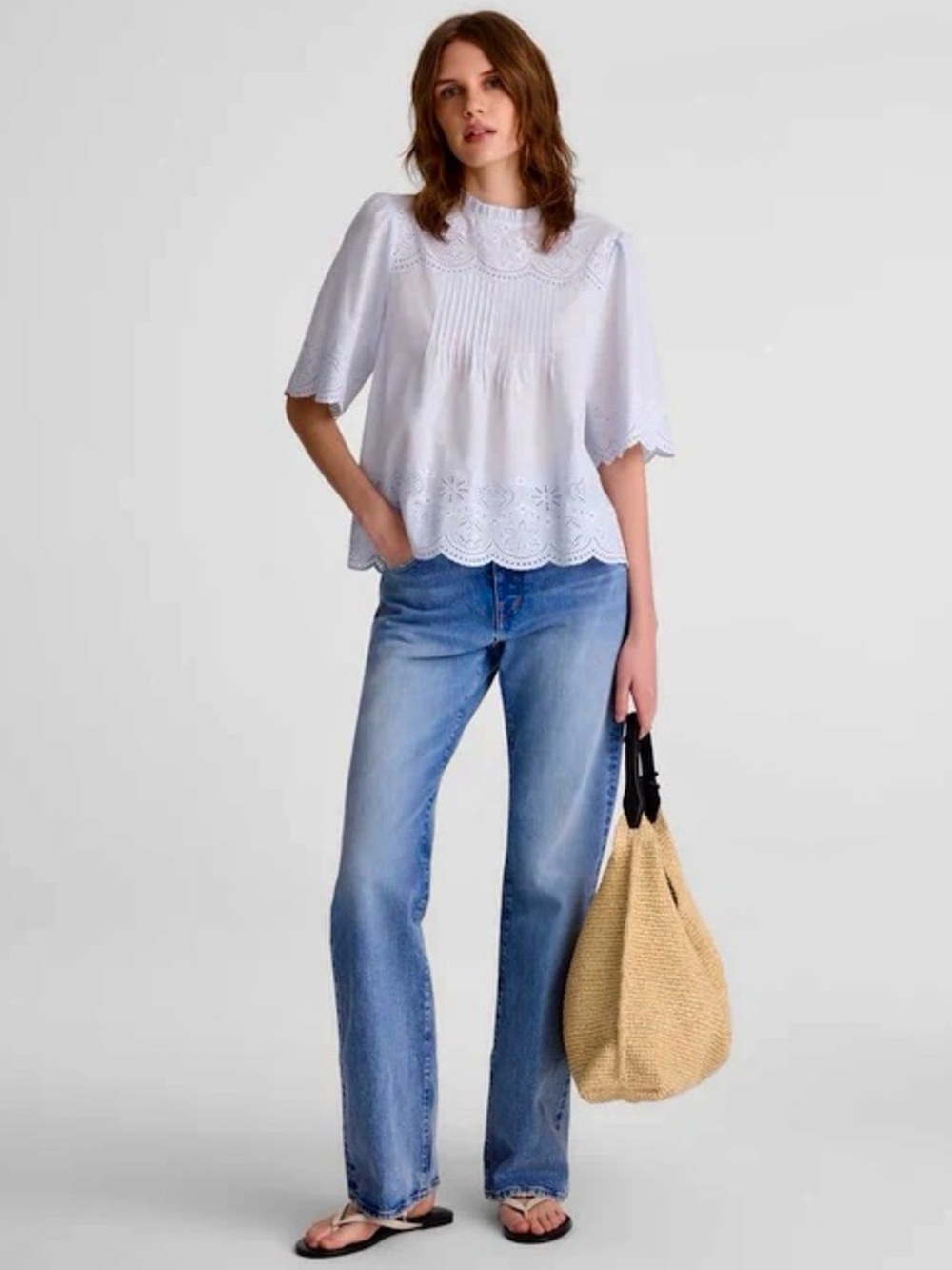 Madewell Embroidered Pintuck High-Neck Top in “Soft Blue” XS NWT